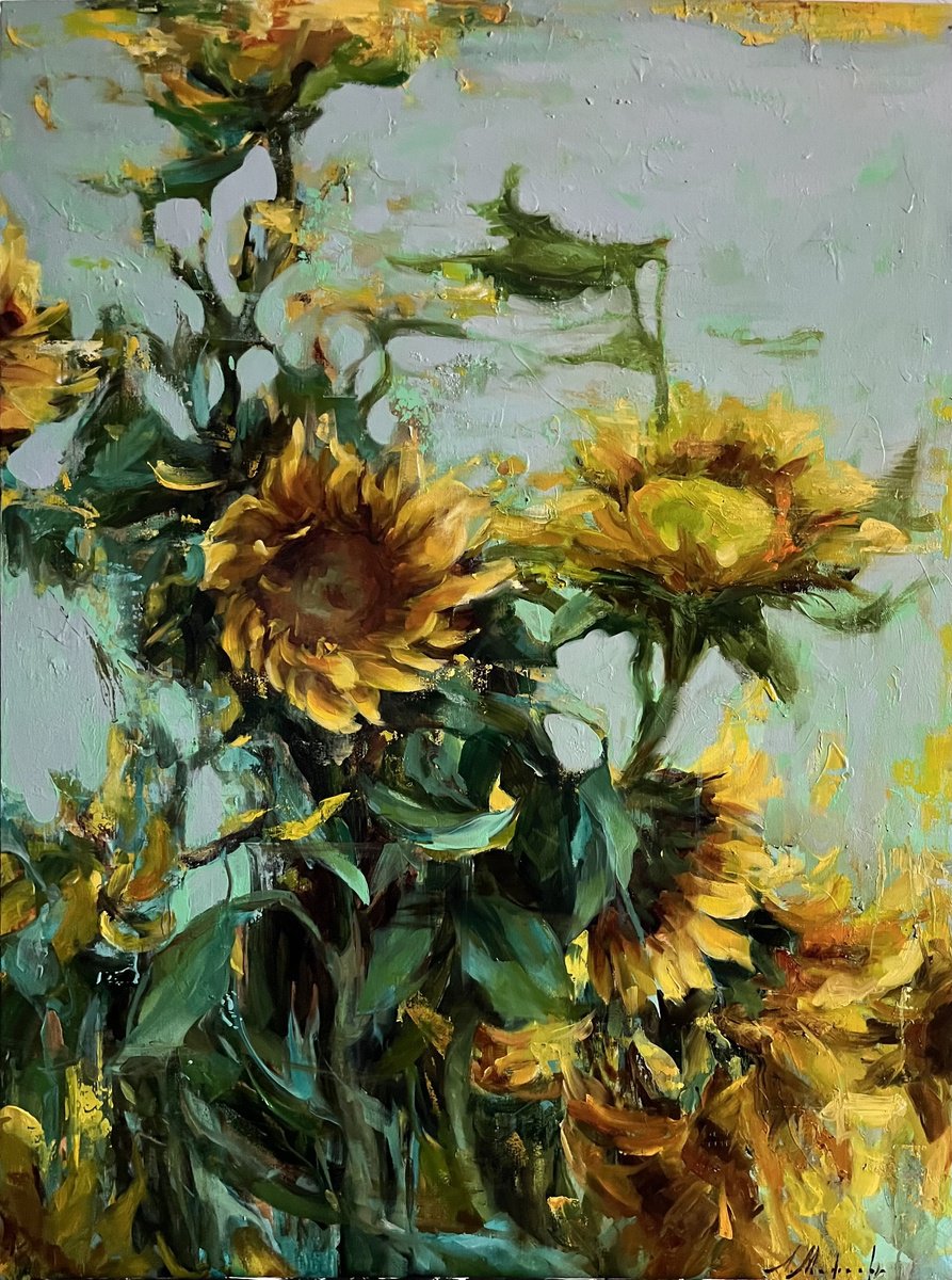 Impressionistic Botanical Oil Painting By Elena Mashajeva-Agraphiotis, 30 X 40, Sunflowers - Provence, Original Artwork