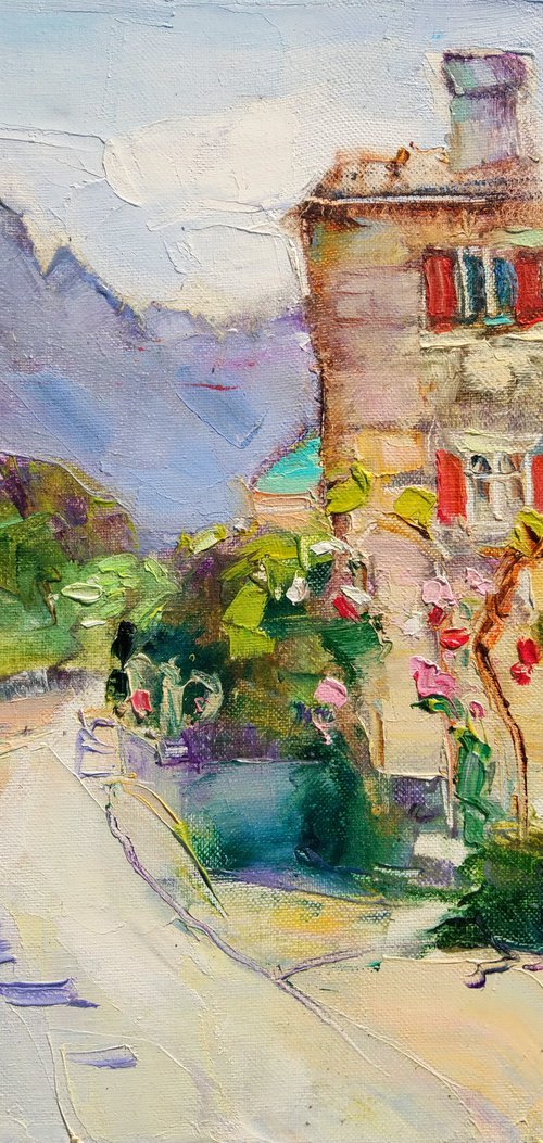 Sunny day. Streets of the southern city . Montenegro . Original plein air oil painting by Helen Shukina