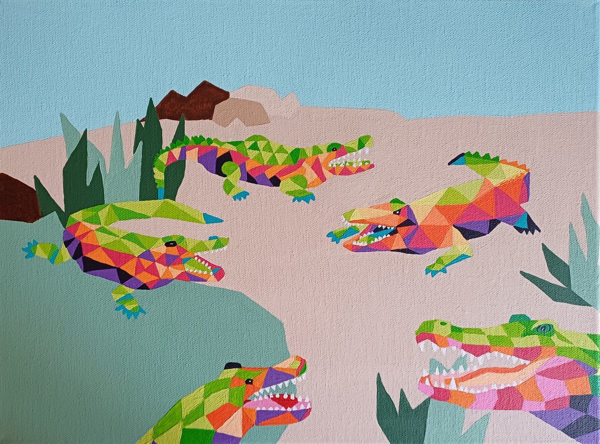 Geometric Animal Acrylic Painting By Corinne Hamer, 16 X 12, Crocodiles, Original Artwork
