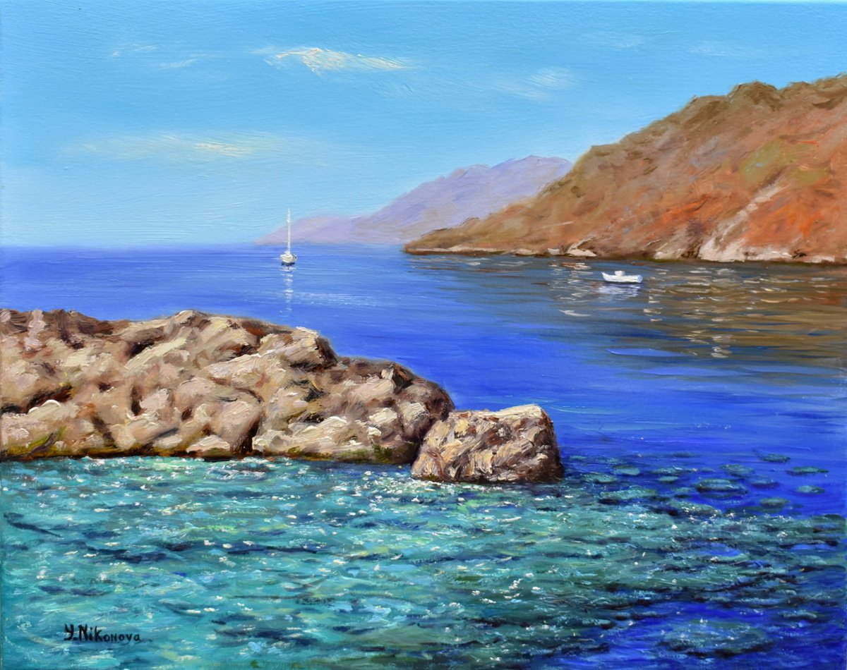 Impressionistic Landscape Oil Painting By Yulia Nikonova, 20 X 16", Calm Sea, Original Artwork