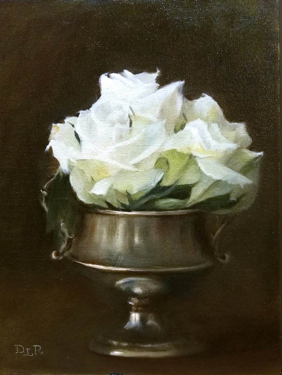 White Roses in a Silver Vase Oil painting by Daniela Roughsedge | Artfinder