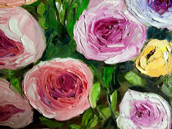 WHITE PINK YELLOW PURPLE  ROSES IN A GARDEN palette knife modern still life  flowers office home decor gift