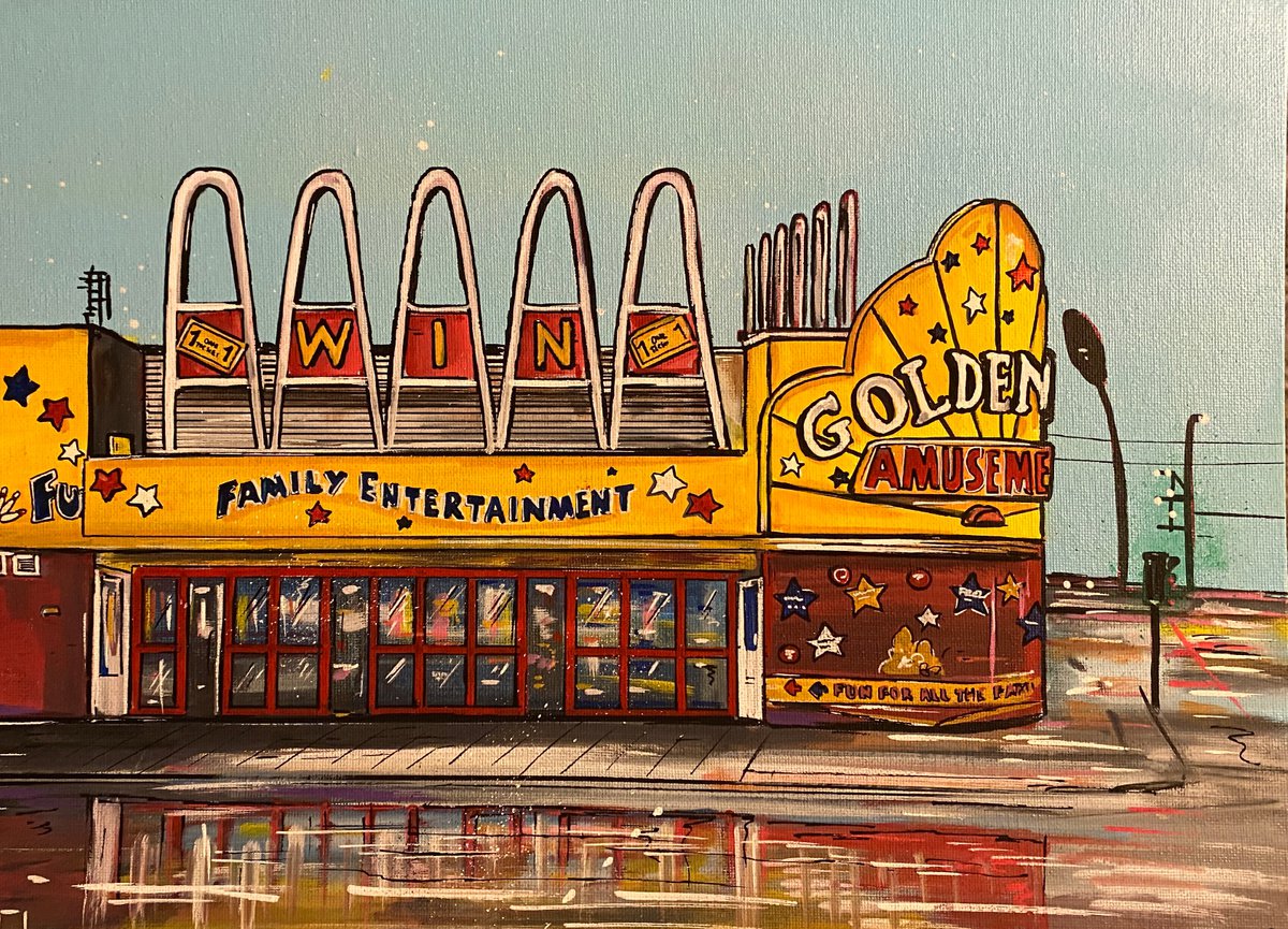 Illustrative Cityscapes Painting By John Curtis, 16 X 12, Golden Mile, Original Artwork