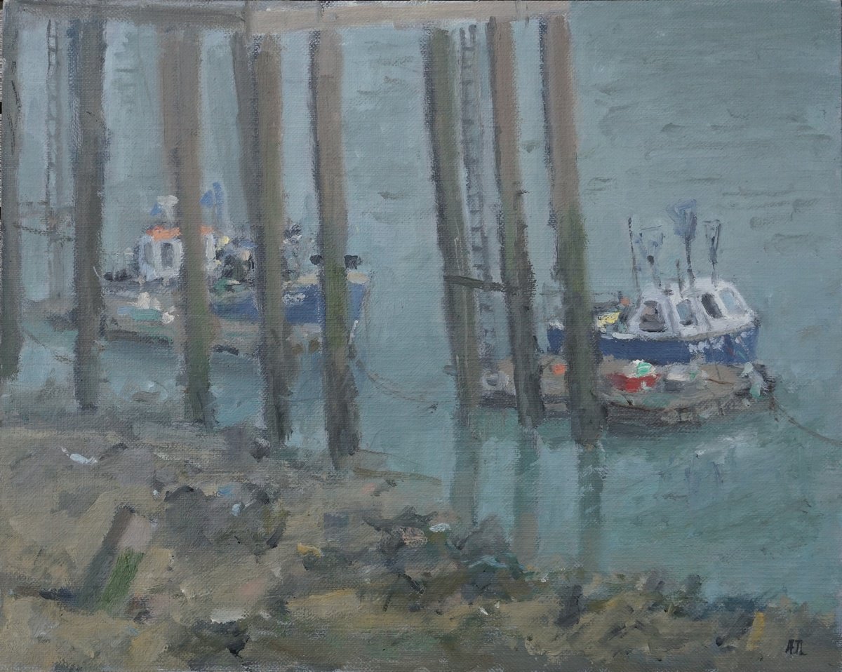 Impressionistic Landscape Oil Painting By Alex James Long, 12 X 9, Low Tide, Newhaven Harbour, Original Artwork