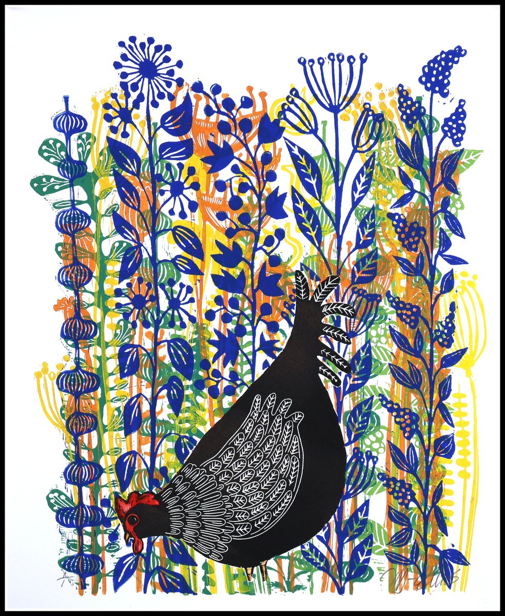 a Black hen in the Flowers by Mariann Johansen-Ellis