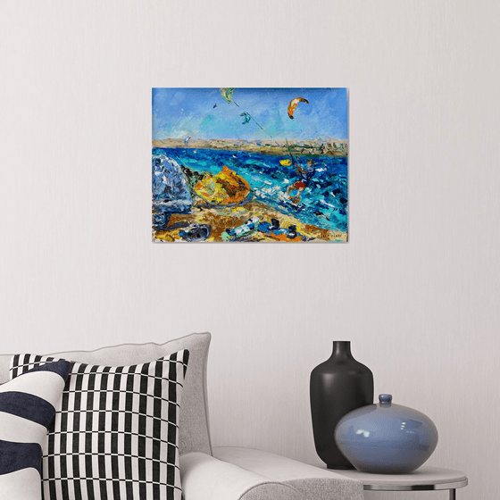 Kitesurfing - Spot atmosphere, 47*37cm, impressionistic oil impasto landscape painting