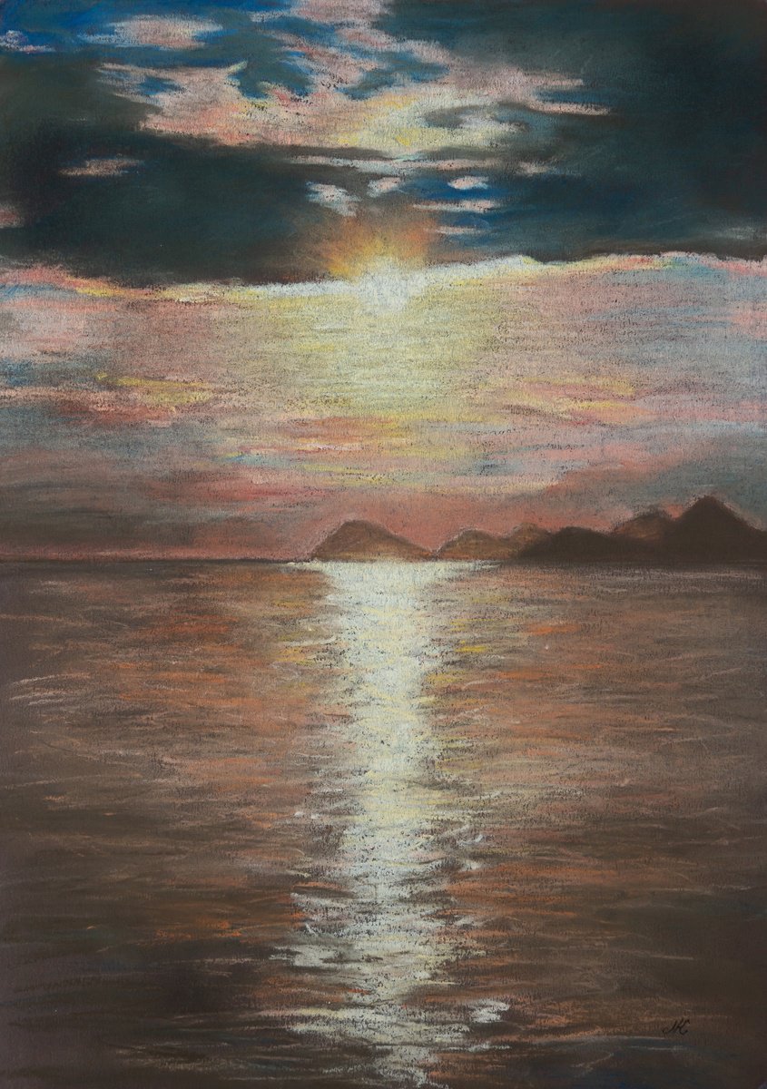 Impressionistic Landscape Pastel Drawing By Kateryna Nazarenko, 12 X 17", Golden Sunset At The Adriatic, Original Artwork