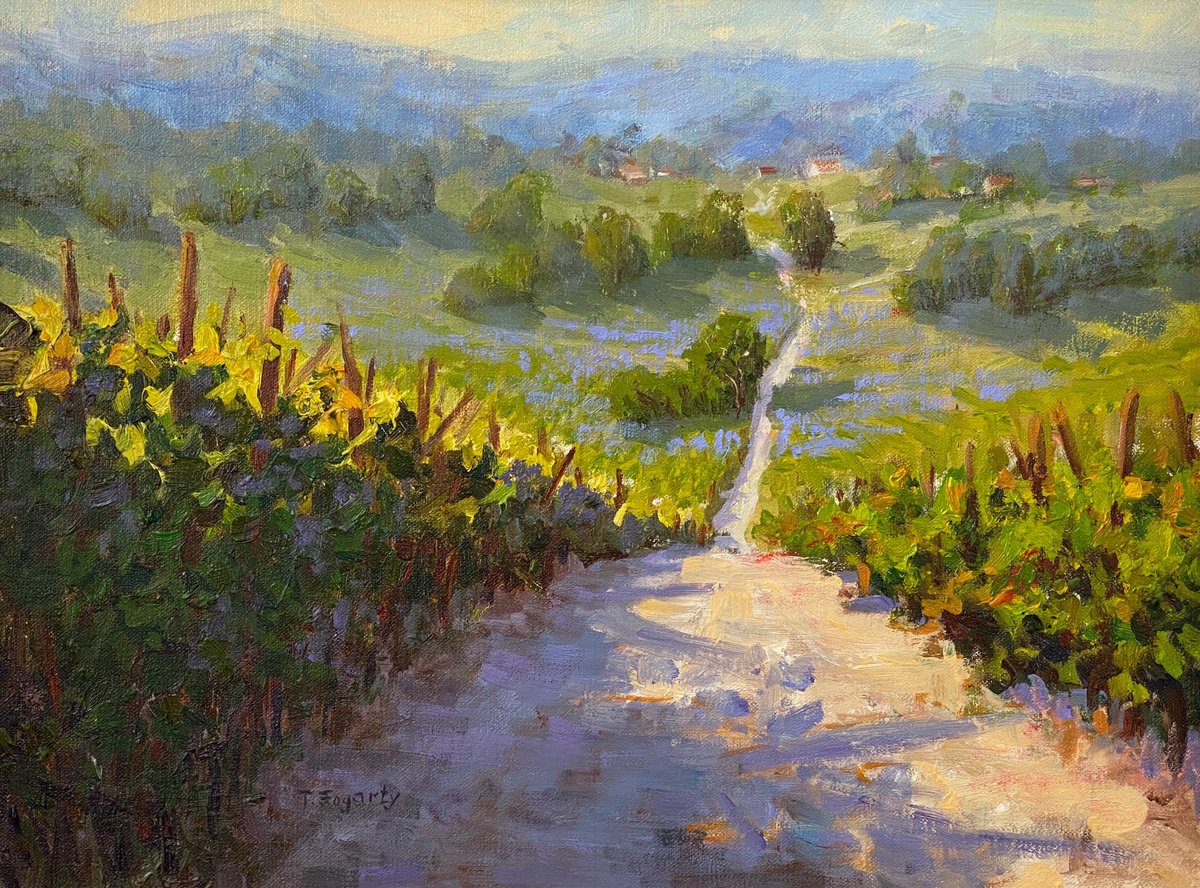 Impressionistic Landscape Oil Painting By Tatyana Fogarty, 16 X 12", Country Road And Vineyards, Original Artwork