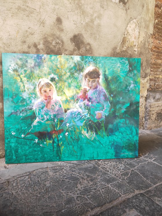 Two Sisters Painting  Poppy Field Original Art  by Olga Tsarkova