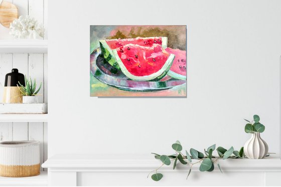 Watermelon slices, Watermelon Painting Original Art Fruit Artwork Still Life Kitchen Wall Art