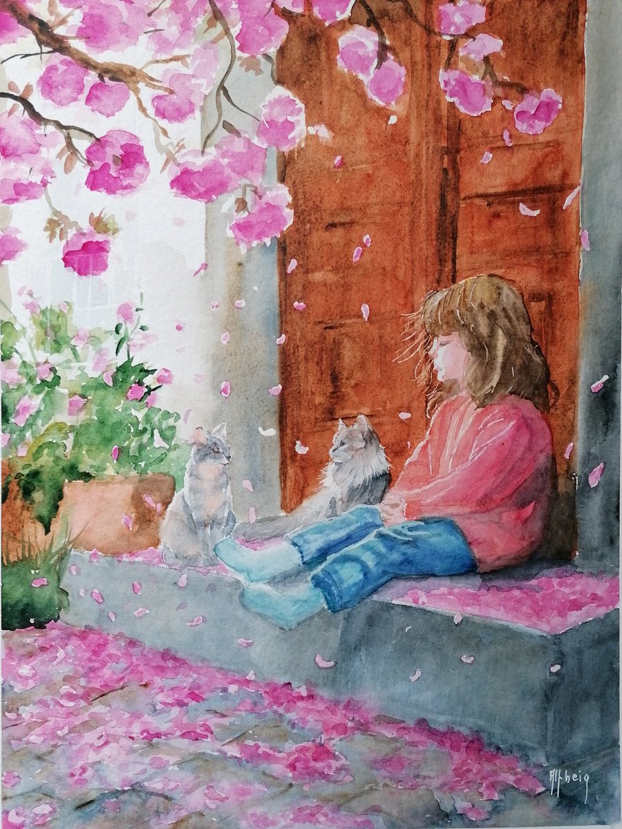 Impressionistic Portrait Watercolour By Martine Vinsot, 11 X 15", La Fillette Et Ses Chats, Original Artwork