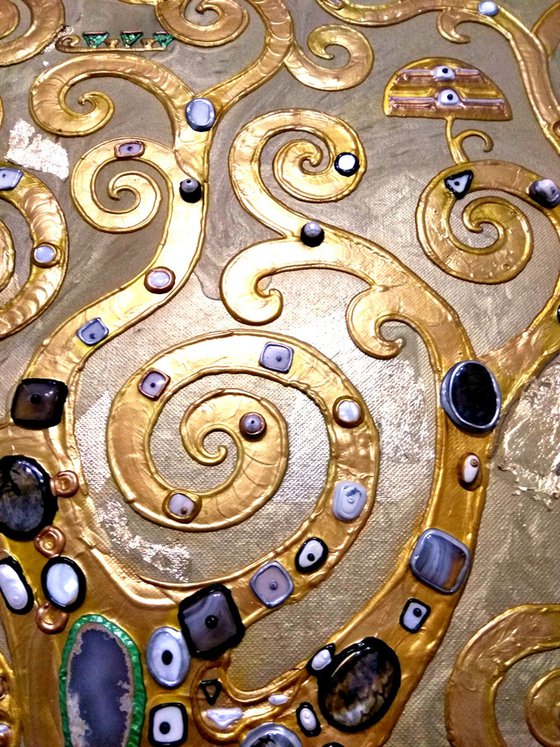 Tree of life Gustav Klimt. Precious stones golden relief painting