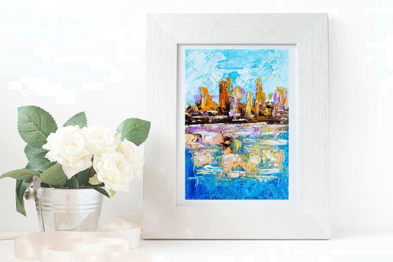 Skyline Painting Original Art Michigan Artwork Sailboat Wall Art  Small Painting Chicago Cityscape