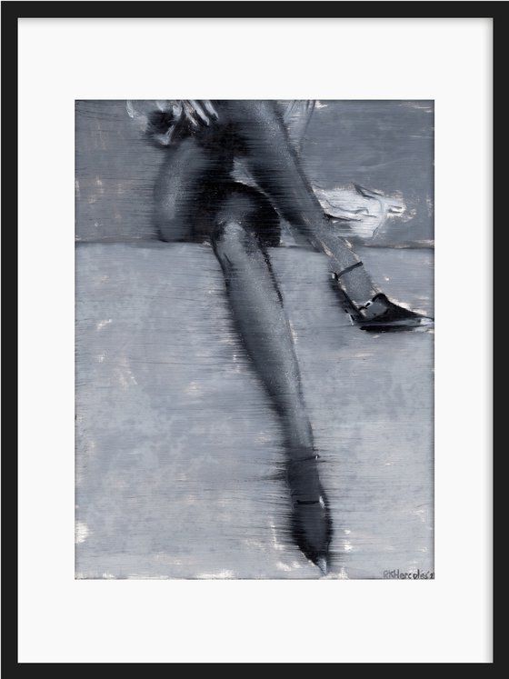 Elodie | Black and white woman female legs heels fashion oil painting on paper | beautiful powerful lady