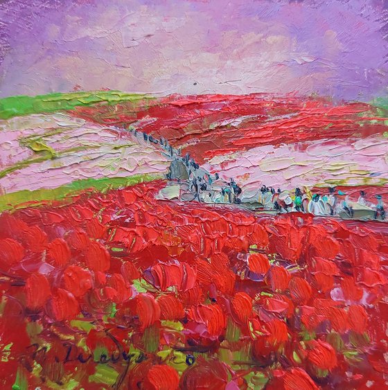 Landscape art abstract oil painting original 4x4, Red fields small frame art, Red black painting framed artwork mini wall decor