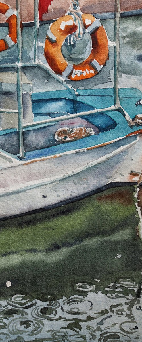 Rainy day at the port - original watercolor, boat with reflection, seascape by Delnara El