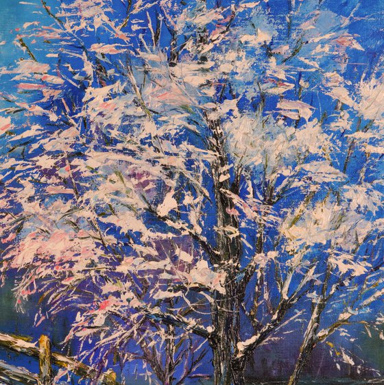 ARTIST'S DREAM - River. Evening. The park. Bridge. Winter evening. Snowy forest. Snowfall. Trees.