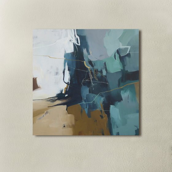 "Trino" Teal white brown abstract art