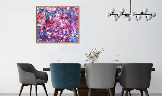 SAKURA BLOSSOM - abstract floral original oil on canvas painting, blue rose cherry-tree, Japan