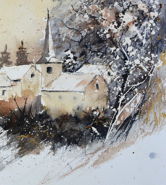 Village in winter-watercolor