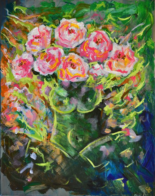Bunch of Roses in The Body - Impressionistic Painting of Roses on Canvas Ready To Hang by Jakub DK - JAKUB D KRZEWNIAK