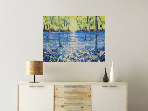 Blue Tranquility (Large Bluebell Woods painting, large trees painting)