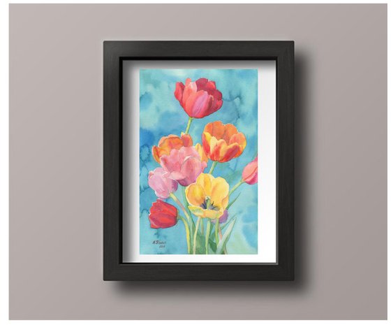 Ukrainian watercolour. Tulips and turquoise
