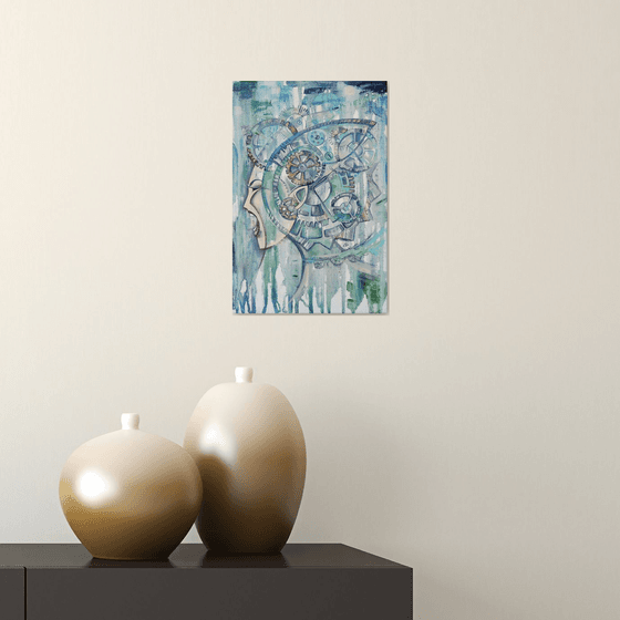 Scream through time, steampunk, pale blue painting with a woman's face andclockwork, embroidery