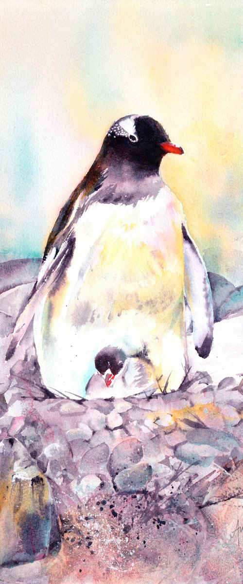 Penguin painting, Penguin and chick, Original Watercolour, Watercolor, Gentoo by Anjana Cawdell