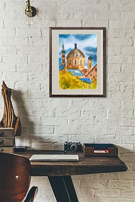 Lviv Painting Cityscape Original Art Ukraine Small Watercolor Artwork Home Wall Art 8 by 12" by Halyna Kirichenko