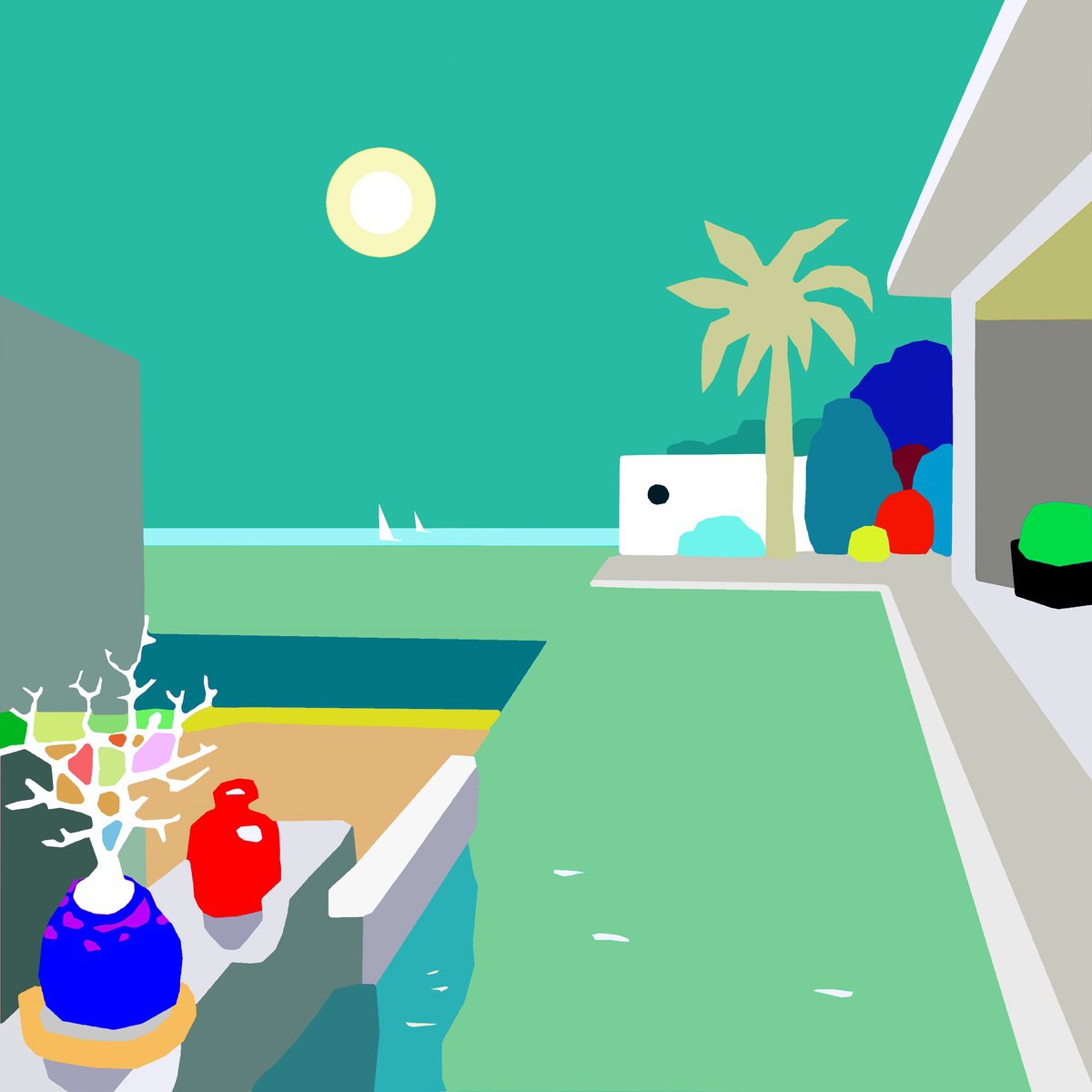 Urban And Pop Landscape Giclee Print By Alejos, 24 X 24, Balcony To The Sea, Original Artwork