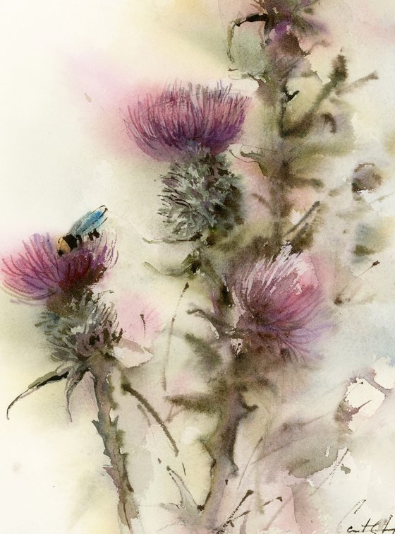 Thistle - Pink Flowers Painting, Scotland National Flower