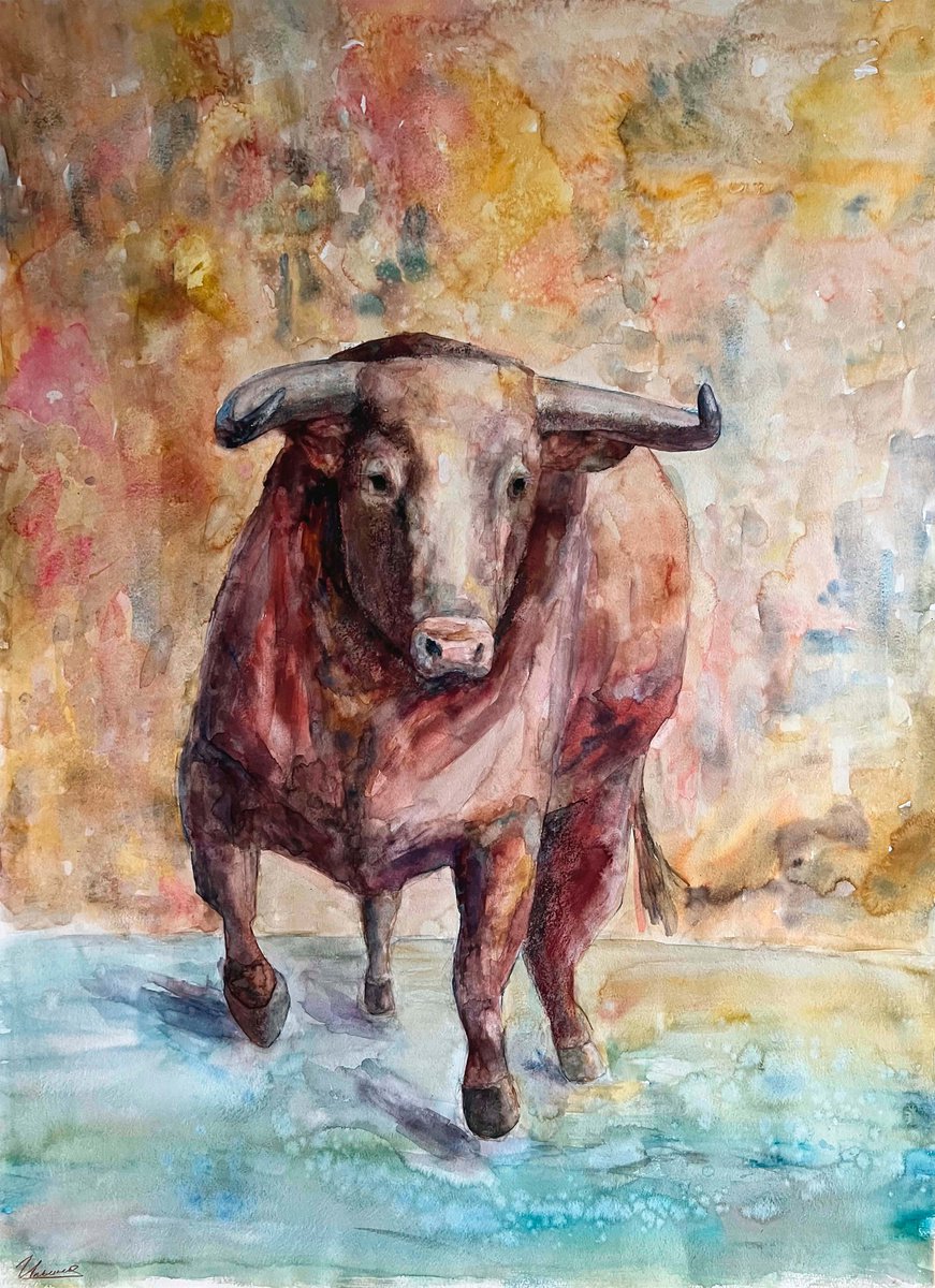 BULL- Pastel and watercolor drawing on paper, original gift, red color, Spain, bullfightin... by Tatsiana Ilyina
