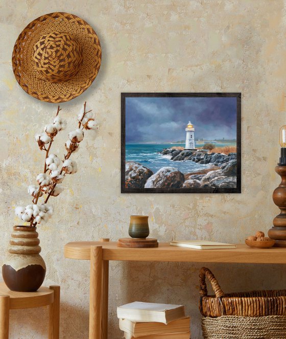 Lighthouse in blue-gray sky
