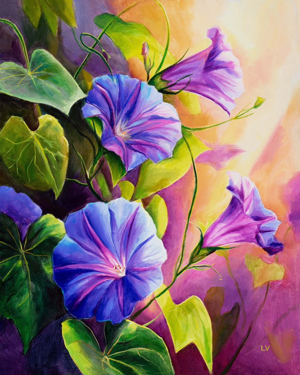 Photorealistic Botanical Oil Painting By Lucia Verdejo, 9 X 11", Purple Morning Glory Flowers, Original Artwork