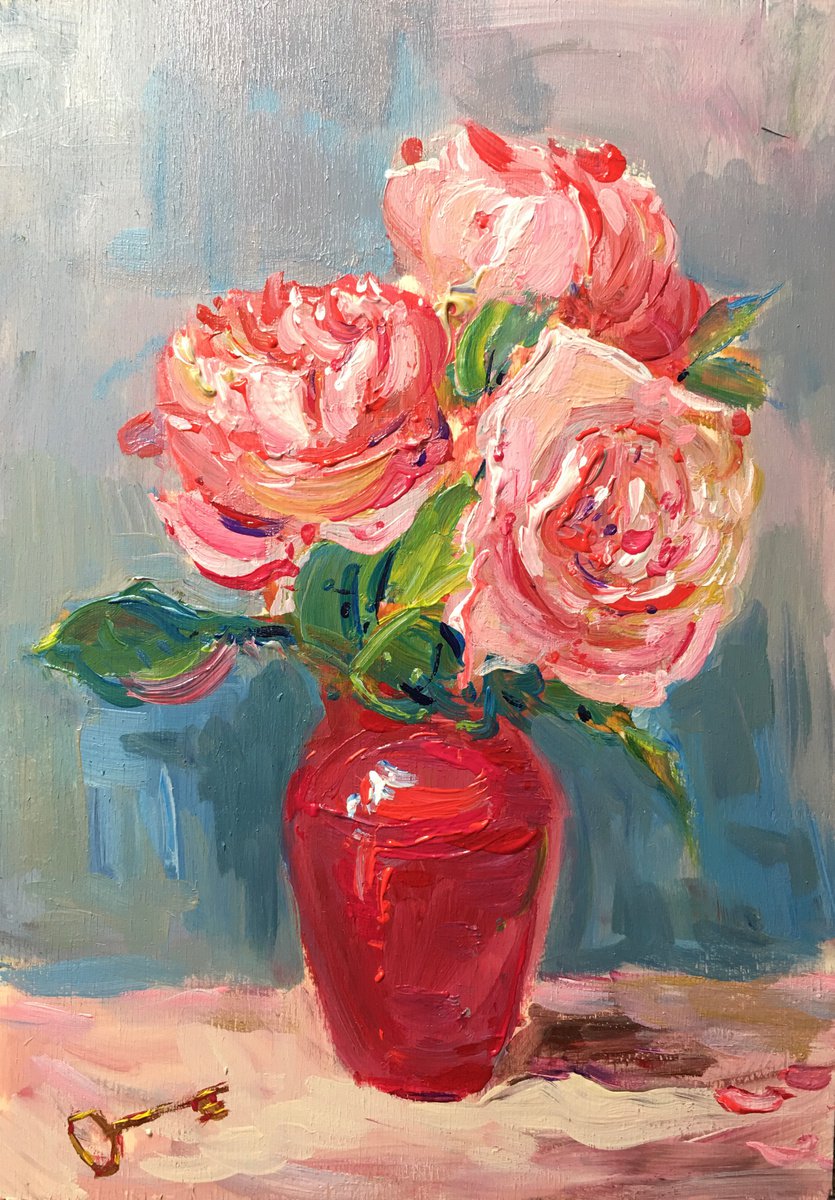 Impressionistic Botanical Acrylic Painting By Altin Furxhi, 8 X 12, Roses Key., Original Artwork