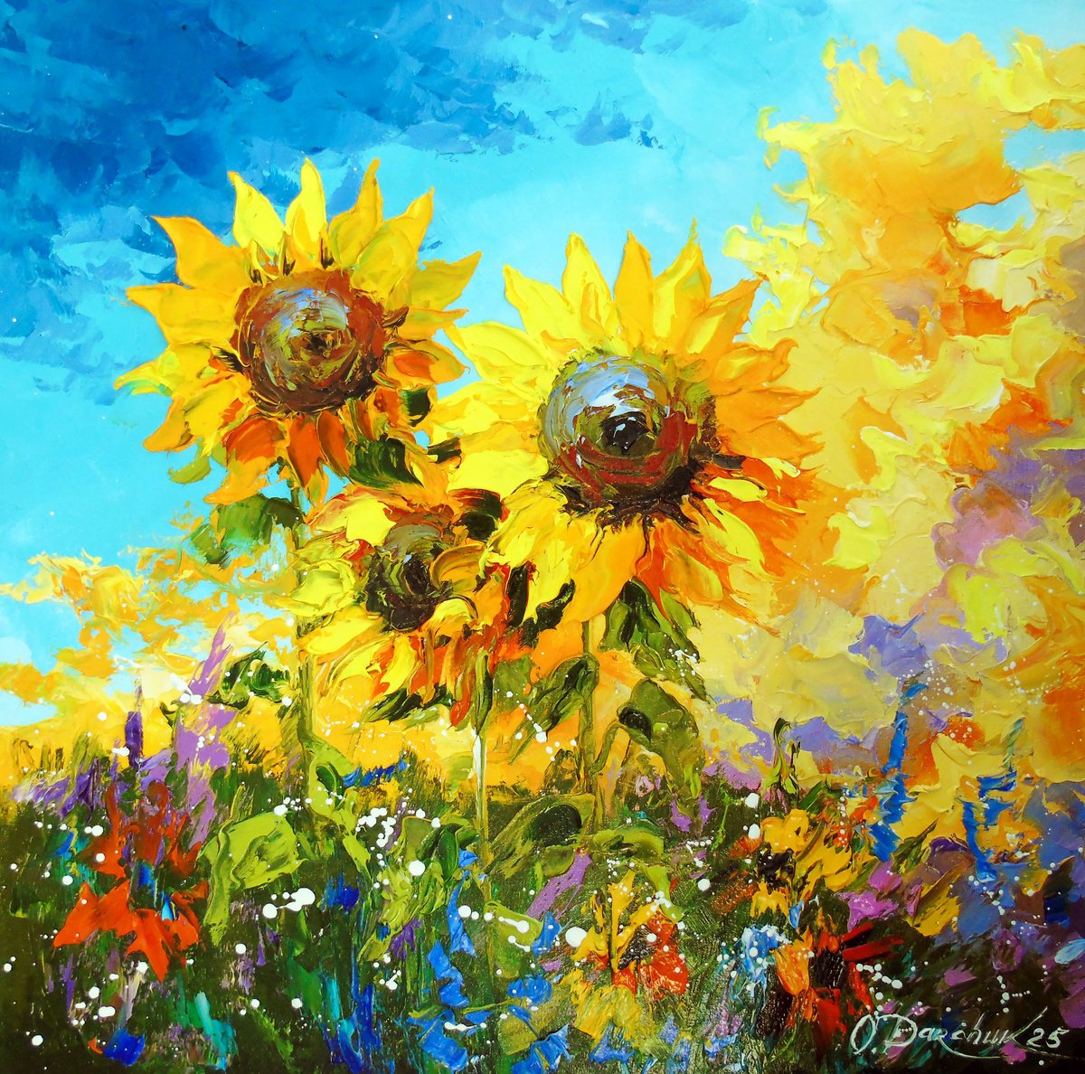 Impressionistic Botanical Oil Painting By Olha Darchuk, 16 X 16", Sunflowers, Original Artwork