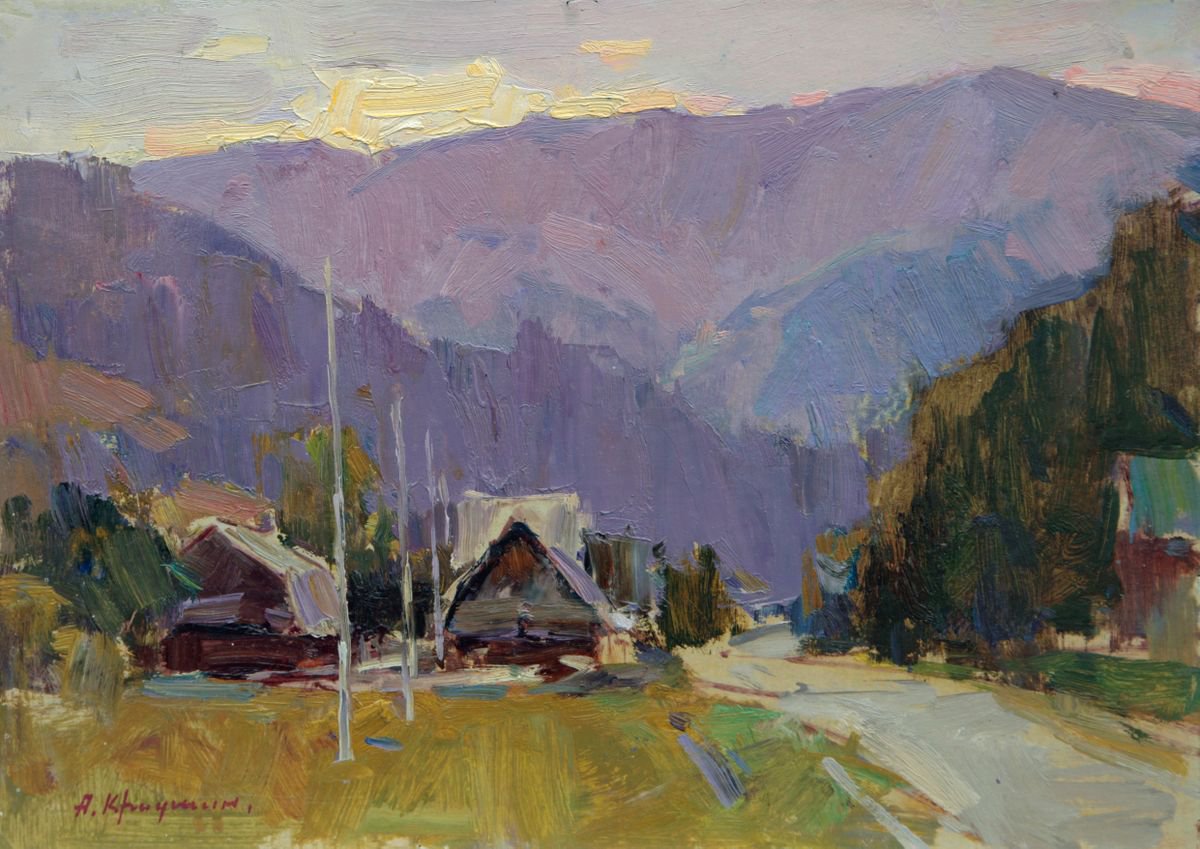 Impressionistic Landscape Oil Painting By Aleksandr Kryushyn, 16 X 11, Mountains In The Evening, Original Artwork