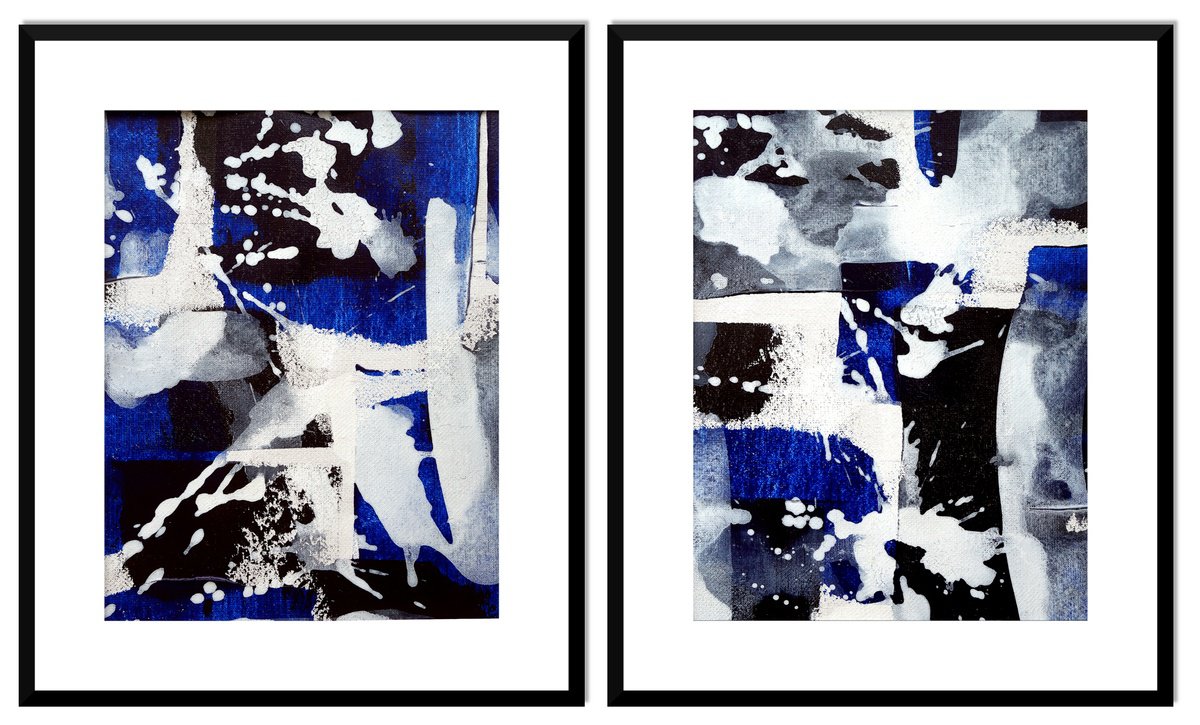 Abstraction No. 05520-0 black & white set of 2 - framed, ready to hang by Anita Kaufmann
