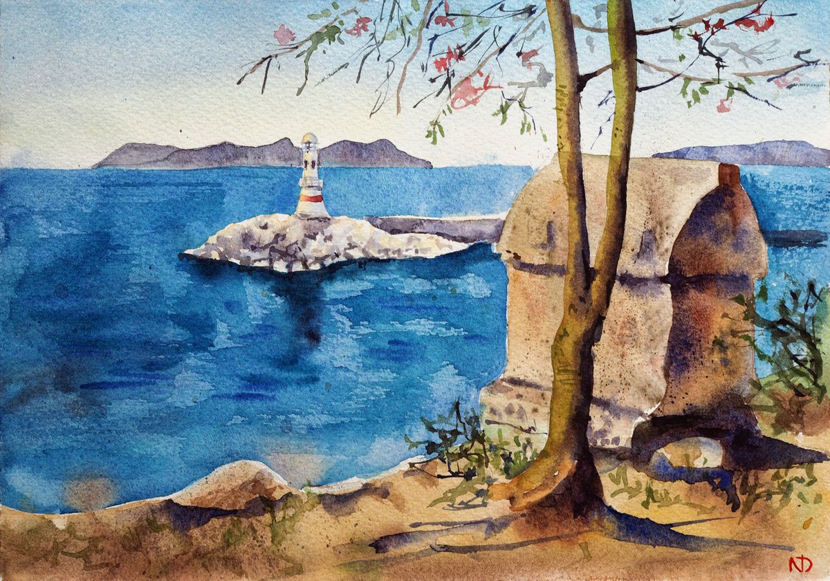 Lycian tomb and lighthouse - seaview landscape original watercolor by Delnara El