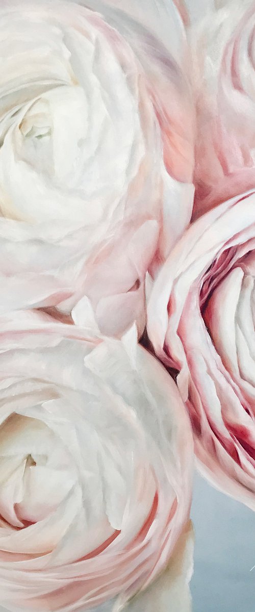 Square oil painting with light ranunculus "Awakening" 80 * 80 CM by Irina Ivlieva