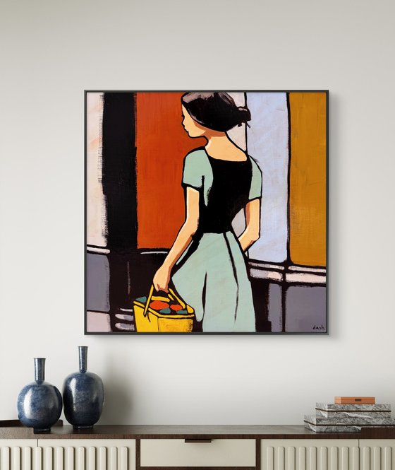 "Woman with Yellow Bag" Original art 16x16in