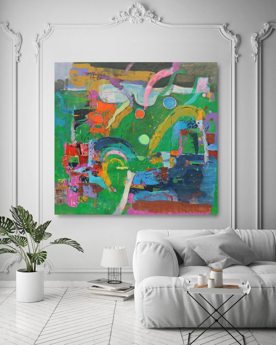 Expressive Abstract Acrylic Painting By Sergiy Dekalyuk, 81 X 76", Summer Night, Original Artwork