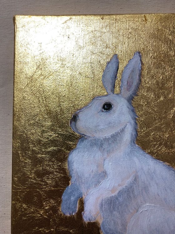 The Little White Rabbit Oil Painting on Lacquered Golden Leaf