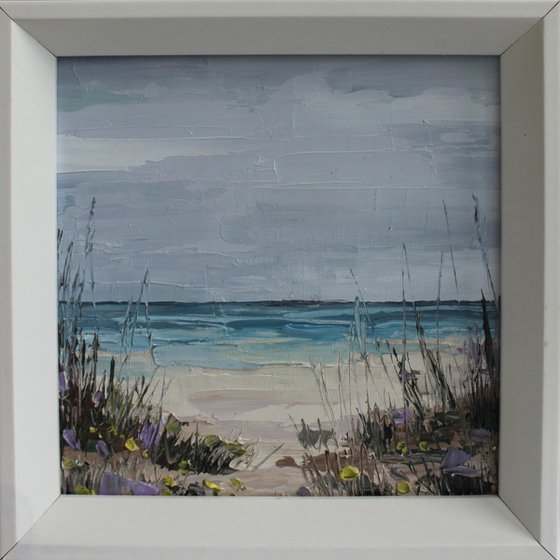 Abstract Beach painting impasto Framed 15x15cm6x6inch