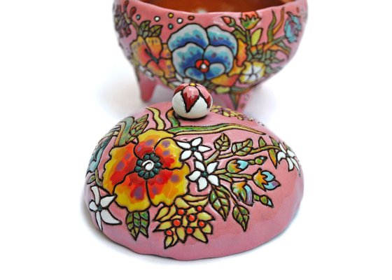 Ceramic | Pink faberge jewelry box | In rich flower carvings