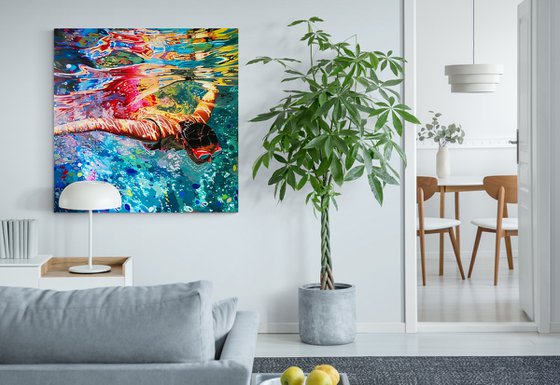 Woman under water in the sea, ocean, swimming pool with blue color waves with bright sun glares. Impressionistic artwork. Original painting wall art home decor. Art Gift