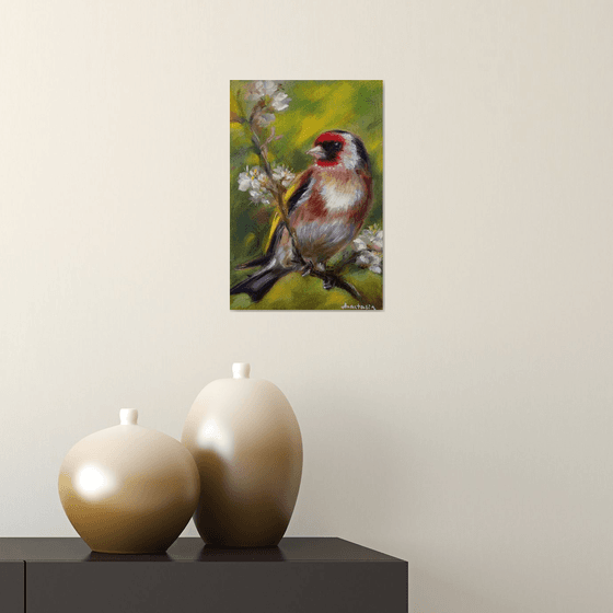 Garden Birds Goldfinch & Blooming Flowers Small Bird Nature Painting Wildlife