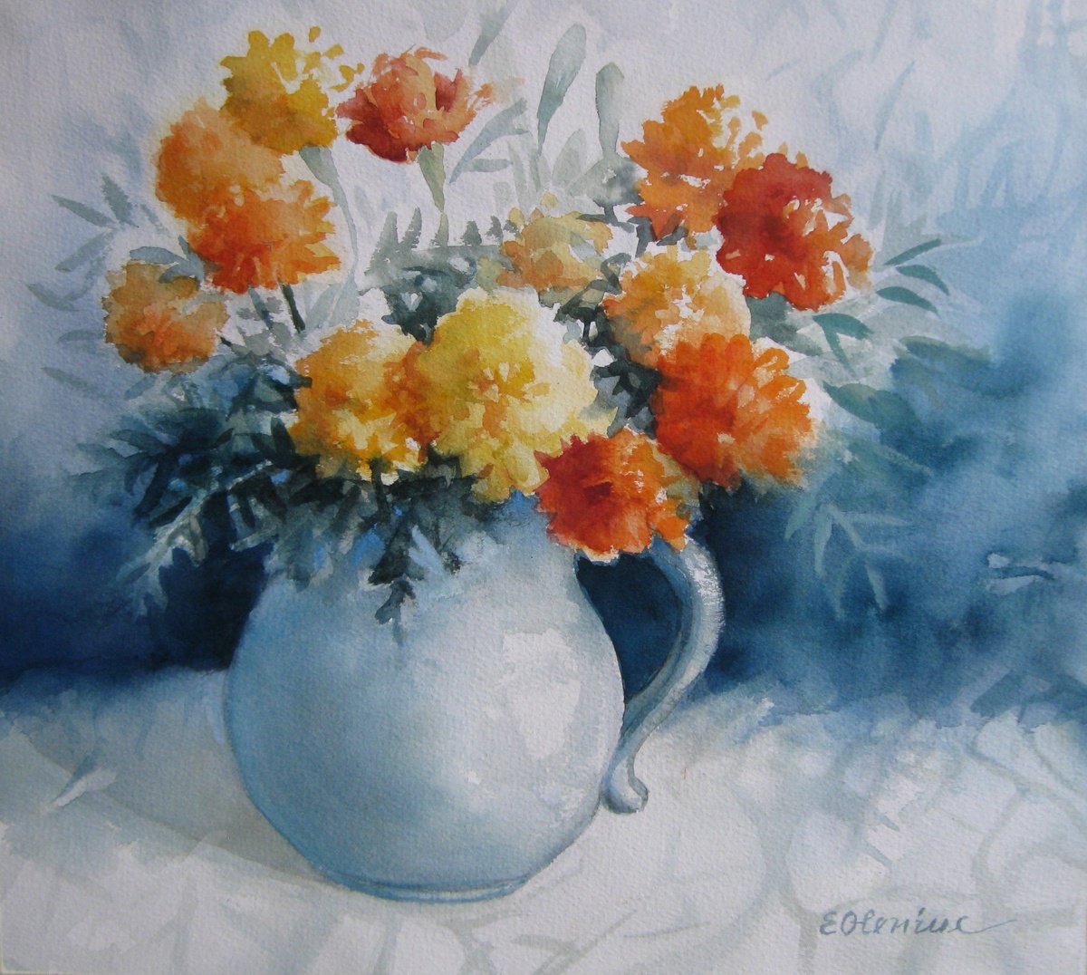 Impressionistic Still Life Watercolour By Elena Oleniuc, 15 X 13, Marigolds, Original Artwork