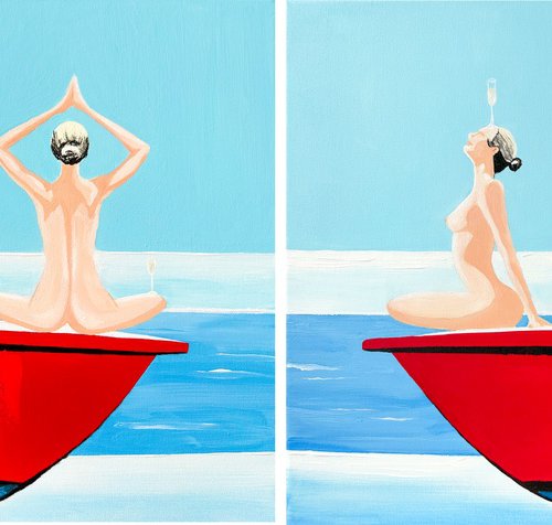Diptych Yacht Yoga: Zen & Bubbles by Kristina Mallen
